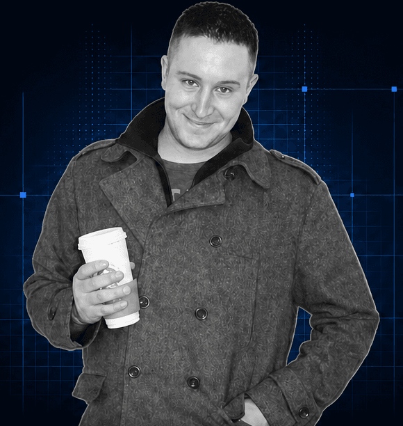 Nick Williams, Managing Director of Education Host, in monochrome against a blue systems grid